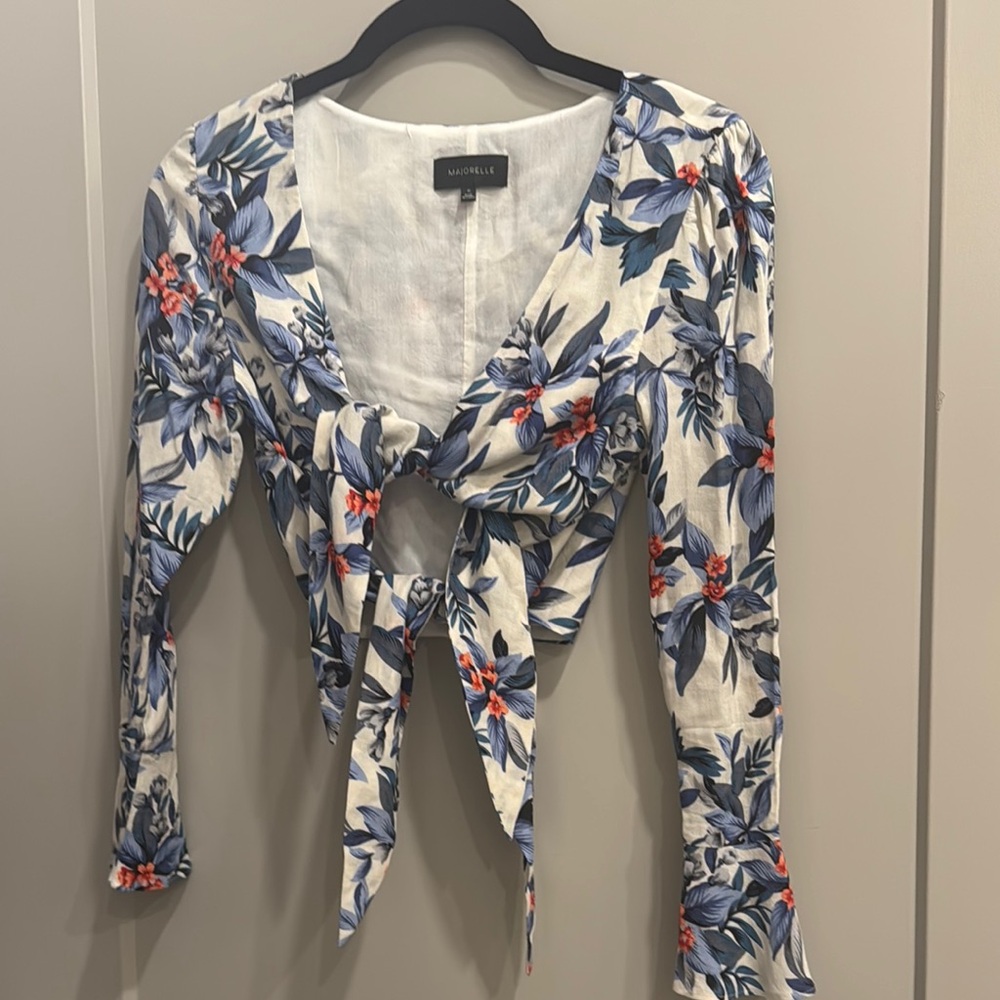 MAJORELLE Blue and Red Tie-Front 3/4 Sleeve Blouse